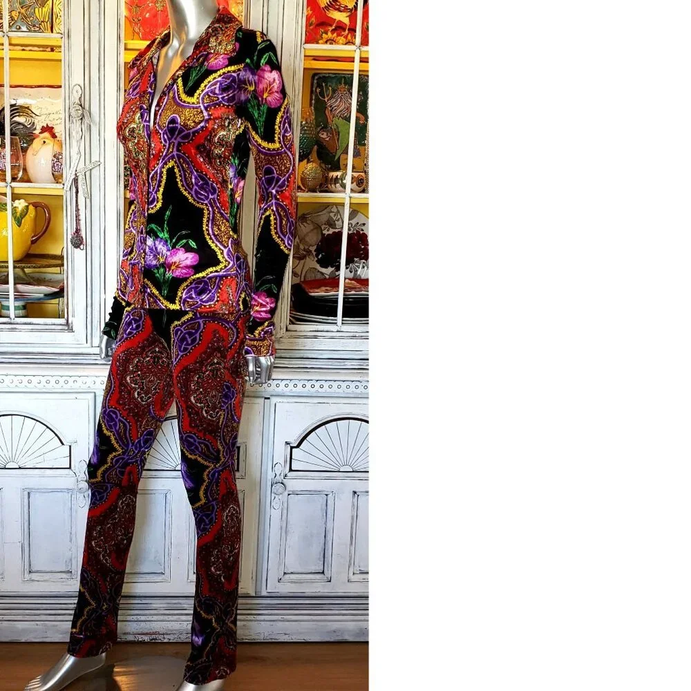 Vintage Betsey Johnson Floral Leopard Stretch Velvet Jeans Pants Dress Top Shirt - Picture 4 of 16